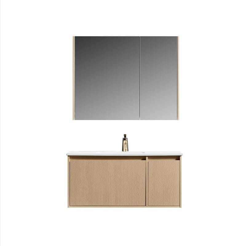 Oak-Finish Bathroom Vanity with Rock Slab Basin V011